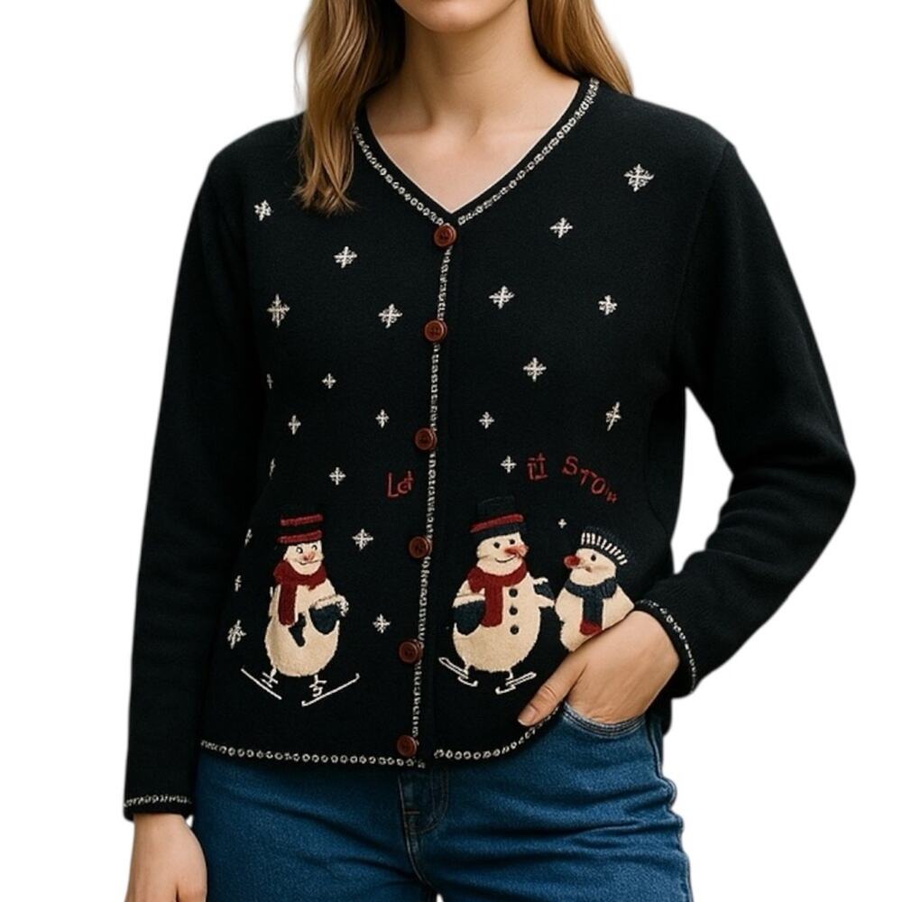 Vintage 90s Snowman “Let It Snow” Cardigan Holiday Knit Sweater L